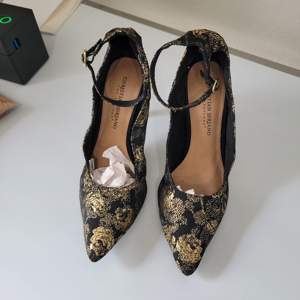Christian Siriano for Payless Black Gold Brocade Ankle Strap Heels Size 8